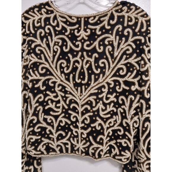 Vintage SILK Jacket Black White Pearls Sz SP Formal Holiday Party Glam Cropped - Picture 10 of 16